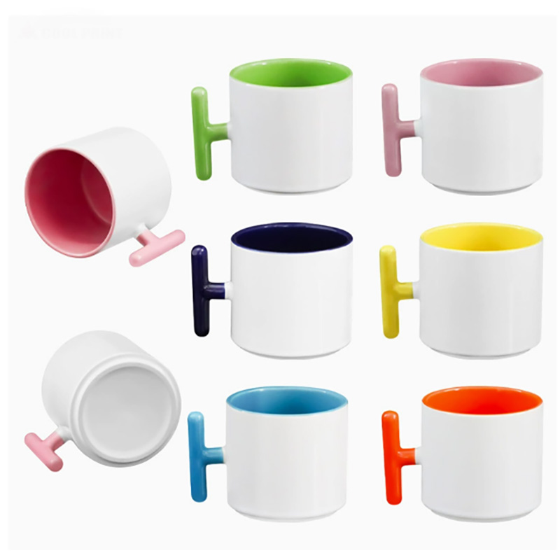 Sublimation Mug Blank - 2個セット クリエイティブT字型ハンドル セラミックマグカップ 昇華ブランク カラーコーヒーマグ ティーカップ